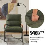 Fauteuil, woonkamerstoel met armleuningen, gestoffeerd, met metalen frame, moderne leuningen van hout, stof, katoen en linnen, loungestoel voor slaapkamer, groen