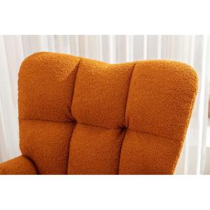 Moderne Teddy Stof Relax Schommelstoel met Tufted Wingback Gestoffeerde Gewatteerde Zitting en Massief Houten Benen Stijlvolle Lounge Stoel voor Woonkamer Slaapkamer Nursery Oranje