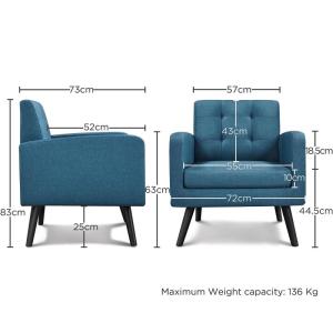 Fauteuil Wingstoel met armleuningen, comfortabel en modern, televisiestoel, relaxstoel, woonkamer, clubstoel, sofa, 136 kg belastbaar, blauw