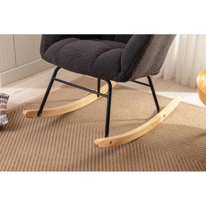 Moderne Tufted Wingback Schommelstoel Gestoffeerd in Teddy Stof Ontspannende Lounge Fauteuil met Massief Houten Benen voor Woonkamer Slaapkamer Kwekerij Gewatteerde Zitting Grijze 