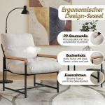 Fauteuil, woonkamer, stoffen gestoffeerde stoel, modern, metaal, loungestoel met houten armleuningen, stoel, katoen en linnen, relaxstoel voor slaapkamer, wit