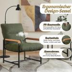 Fauteuil, woonkamerstoel met armleuningen, gestoffeerd, met metalen frame, moderne leuningen van hout, stof, katoen en linnen, loungestoel voor slaapkamer, groen