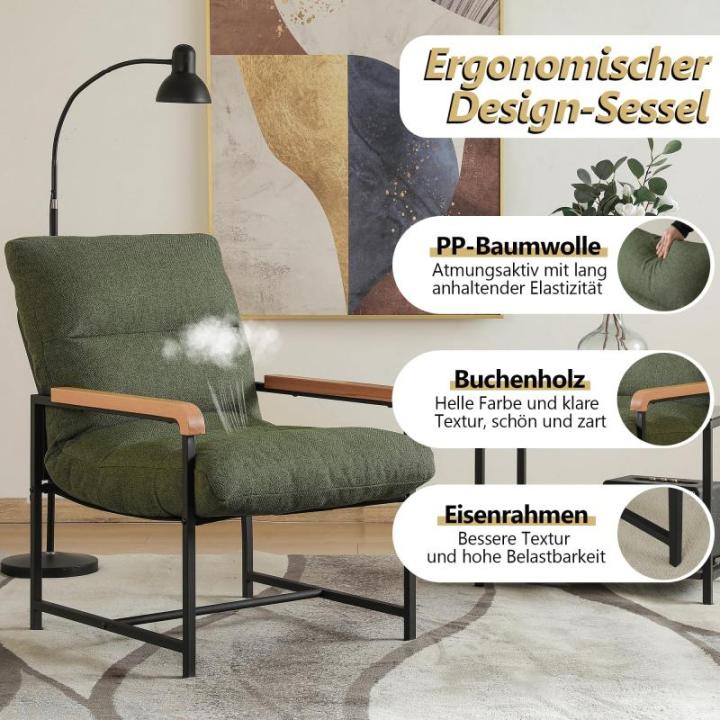 Fauteuil, woonkamerstoel met armleuningen, gestoffeerd, met metalen frame, moderne leuningen van hout, stof, katoen en linnen, loungestoel voor slaapkamer, groen