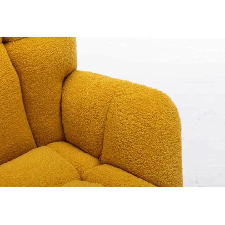 Moderne Teddy Stof Tufted Wingback Schommelstoel met Gewatteerde Zitting en Massief Houten Benen Gele Kleur Ideaal voor Woonkamer Slaapkamer en Kinderkamer