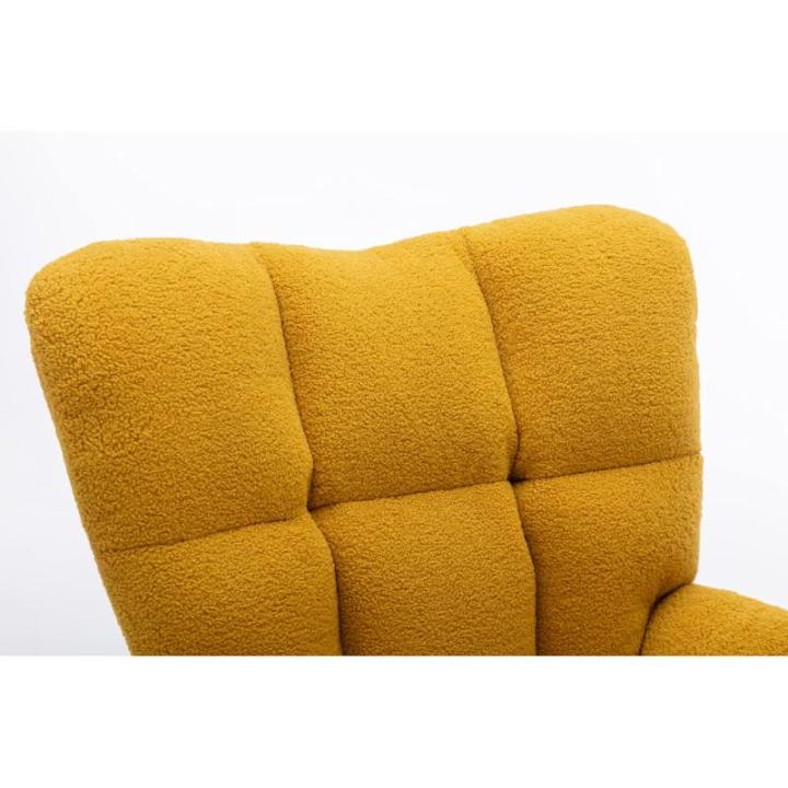Moderne Teddy Stof Tufted Wingback Schommelstoel met Gewatteerde Zitting en Massief Houten Benen Gele Kleur Ideaal voor Woonkamer Slaapkamer en Kinderkamer